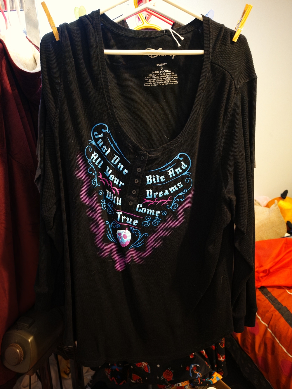torrid Black Long Sleeve Graphic Henley Top with Teal and Purple Print